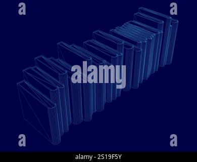 Blue image of a stack of books. The books are stacked in a row and are all the same size. The image has a very organized and orderly feel to it Stock Vector