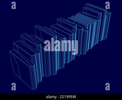 Row of books is shown in a blue color. The books are lined up in a row, and they are all different sizes. The image gives the impression of a library Stock Vector