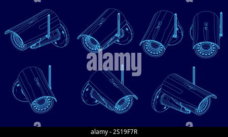 Series of blue images of a security camera. The images are all different sizes and angles, but they all have the same basic shape and design. The mood Stock Vector