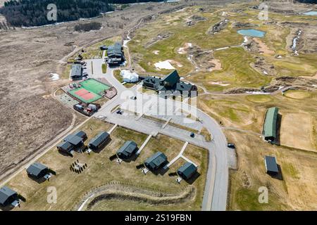 A Stunning Aerial View of a Recreational Base Featuring Various Facilities and Lodges Stock Photo