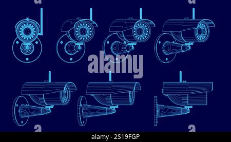 Series of blue images of security cameras. The images are all different sizes and angles, but they all have the same basic design. The mood of the ima Stock Vector