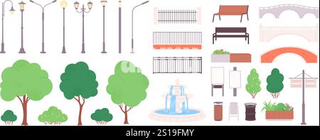 City park elements. Urban green zone objects, street lamps benches trees fountain, bridges, urns, billboards. Decorative modern landscape racy vector Stock Vector