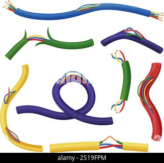 Broken electrical cables. Damaged wires and flexible cable. Dangerous electricity equipments, uninsulated copper wire. Danger connect nowaday vector Stock Vector