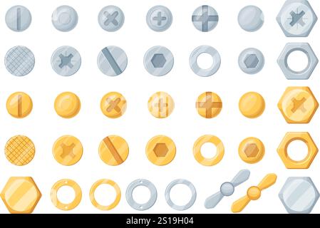Cartoon screw heads. Industrial screws bolts top view, steel chrome bronze nut pin construction fasteners head set hexagon or cross rivet gold brass tools, neat vector illustration original artwork Stock Vector