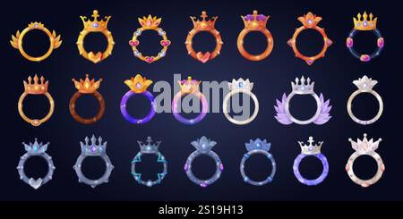 Game crown frames. Golden silver or platinum bronze frame with crowns, user avatar royal borders level rank badges ui fantasy gaming assets, cartoon set swanky vector illustration original artwork Stock Vector