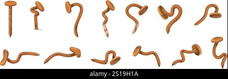 Rusty nails. Old iron nail hammered into wood wall, damaged bending steel hobnail with curved head, sharp grunge spike bent stud carpenter tool for hammer, neat vector illustration original artwork Stock Vector