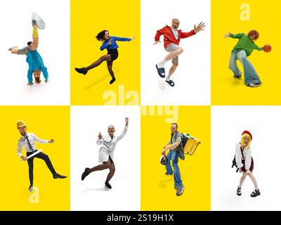 Creative collage of different people of various age and gender, representing different lifestyle and professions against white and yellow background Stock Photo