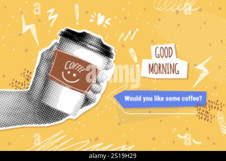 Halftone coffee cup. Realistic paper cup in hand vintage paper grunge poster, caffeine drink take away mug coffe break time concept cafe shop advertising exact vector illustration original artwork Stock Vector