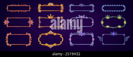 Game medieval buttons. Old metal rectangle frames for fantasy rpg gaming ui menu elements, user name avatars or title borders gold vintage bars asset set swanky vector illustration original artwork Stock Vector
