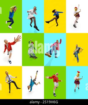 Creative collage of different people, men and women demonstrating different lifestyle and professions on green, blue, and yellow backdrops Stock Photo