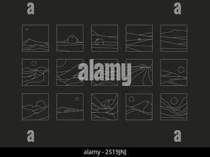 Mountain silhouettes icon set drawing in linear art style on black background Stock Vector