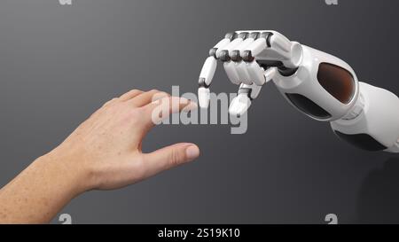 Human and robotic hand touching, spark of light, ai integration, symbolic gesture, grey background, realistic rendering, dramatic lighting, 3d illustr Stock Photo