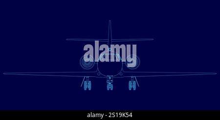 Blue airplane is shown in the background on the runway. The image has a futuristic and technological feel to it Stock Vector