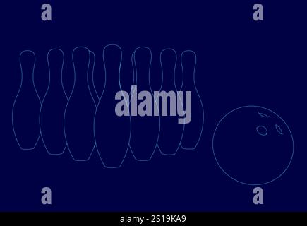 Blue background with a bowling ball and a set of bowling pins. The pins are all lined up in a straight line Stock Vector