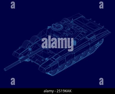 Blue tank wireframe. The tank is a military vehicle, designed for combat and protection. It is a large, powerful machine, capable of great destruction Stock Vector
