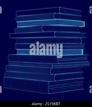 Stack of books is shown in a blue color scheme. The books are stacked on top of each other, with the top book being the largest. Concept of knowledge Stock Vector