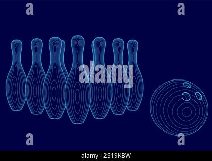 Blue image of a bowling ball and a set of bowling pins. The bowling pins are arranged in a row, with the bowling ball sitting in the middle of the row Stock Vector