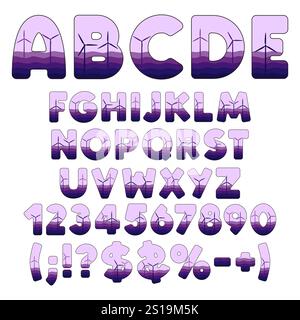 Font, alphabet with waves and windmills, wind turbines. Isolated vector objects on white background. Stock Vector