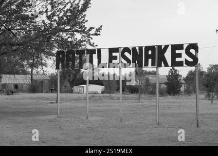 Historic Route 66 rattlesnakes warning sign in McLean, Texas, USA, a nostalgic stop for road trippers exploring America’s iconic highway. Stock Photo