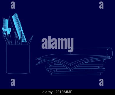 Blue background with a pencil holder and a stack of papers. The pencil holder is filled with pencils, pens, and a brush Stock Vector