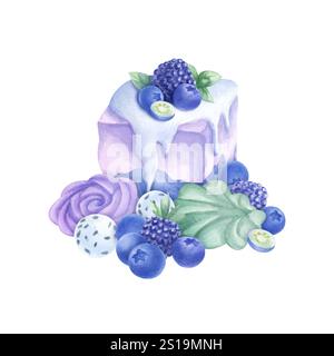 Cake with whipped cream and glaze, blueberry, blackberry and mint. Marshmallow and candy with chia seeds. Hand drawn watercolor isolated illustration delicious dessert in purple and green colors. Stock Photo