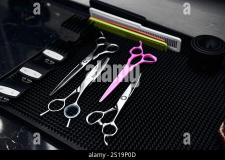 Tools for hairstyling arranged neatly on a workspace mat in a salon Stock Photo