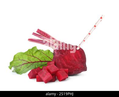 Drinking straw sticking out of fresh beetroot on white background. Freshly made juice or smoothie concept Stock Photo