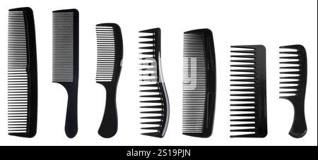 Different hair combs isolated on white, set Stock Photo