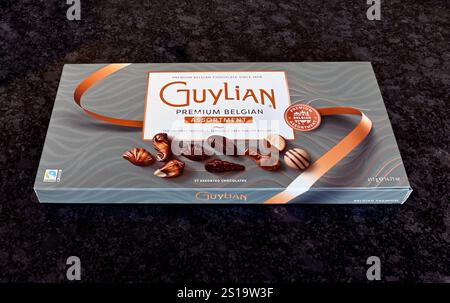 Box of Guylian Premium Belgian Assortment Chocolates. The Original Seashells, Dark, Praline and Opus. 37 Assorted Chocolates.. 417g. Stock Photo