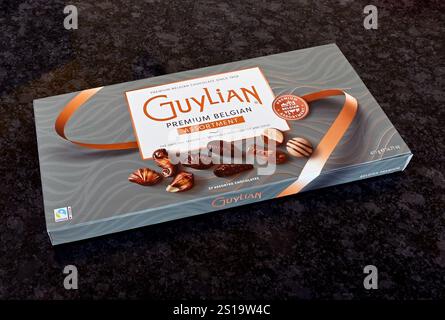 Box of Guylian Premium Belgian Assortment Chocolates. The Original Seashells, Dark, Praline and Opus. 37 Assorted Chocolates.. 417g. Stock Photo