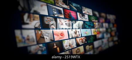 Media concept video wall with small screens, streaming service or VOD concept Stock Photo