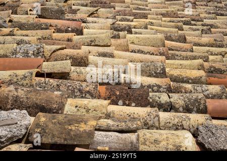Detail of colorful roof tiles. Colors from beige, orange up to brown. Corleone, Sicily, Italy. Stock Photo