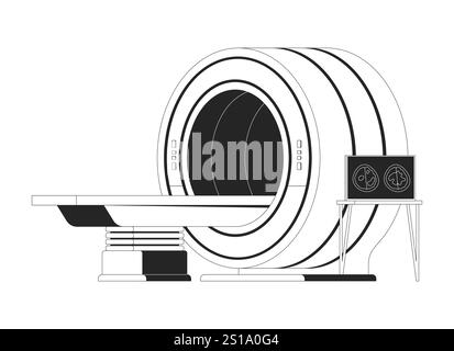 MRI machine with patient table black and white 2D line object Stock Vector