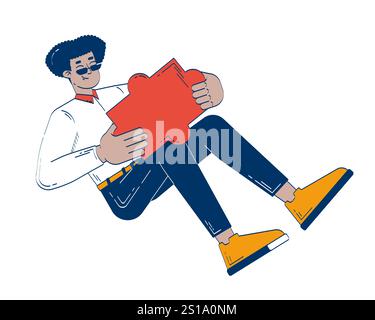 Business casual hispanic man holding large puzzle piece reclining 2D doodle character Stock Vector