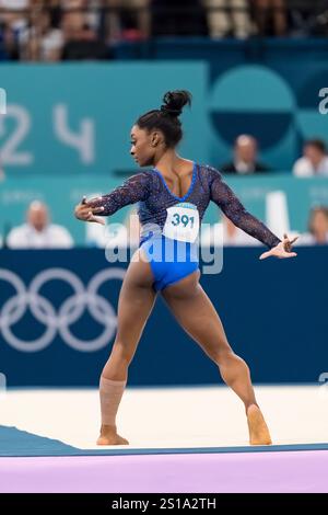 SIMONE BILES (USA) of the United States, competes in the Women's All-Around Finals at the Bercy Arena during the 2024 Paris Summer Olympics in Paris, France. Stock Photo