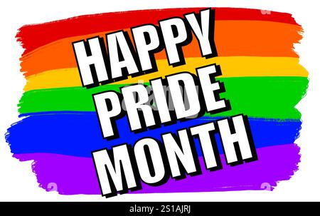 Happy Pride Month illustration with rainbow background an white lettering, isolated on white background Stock Photo