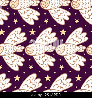 A charming seamless Scandinavian pattern featuring cute flying owls set against a mesmerizing starry sky. The whimsical design captures the magic of n Stock Vector
