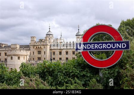Underground railway sign with Tower of London in background Stock Photo