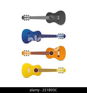 Ukulele, stylish flat illustration of 4 small ukulele guitars on white background realistic in 4 colours. Stock Photo