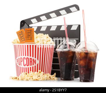 Tasty popcorn, drinks, clapper and movie tickets isolated on white Stock Photo