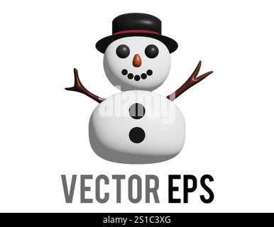 The isolated 3D classic snowman made from two large snowballs icon with snowflakes, stick arms, dressed with top hat Stock Vector