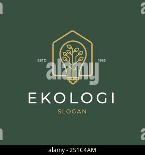 Vector Illustration of Minimalist Technology Logo Premium Line House Symbol with Light Bulb Branch Leaf Stock Vector