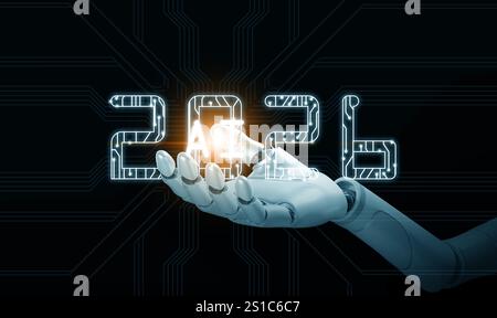 Happy new year 2026. Robot's hand holds year 2026 with AI text on it, to start or begin the new coming year. Stock Photo