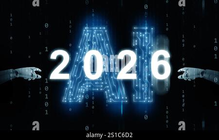 Happy new year 2026. Robot's hands are activating ear 2026, with binary code and AI text in the background, to start or begin the new coming year. Stock Photo