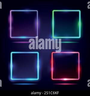 Set of vector gradient neon frames. Isolated light square or led rectangle, glowing shape or ui border. Electric box for disco or party. Stock Vector