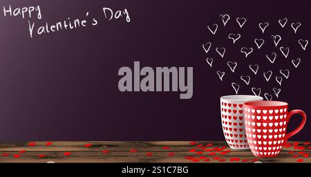 Valentine's Day. Red and white cups with decorative hearts, on wooden table. On purple background, hearts are drawn with chalk. Vector illustration Stock Vector
