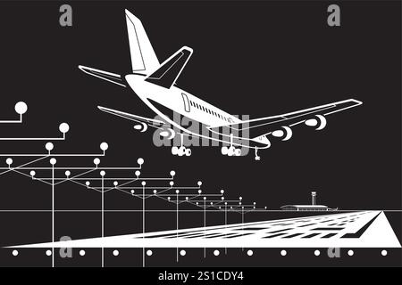 Passenger airplane  landing on airport by night – vector illustration Stock Vector