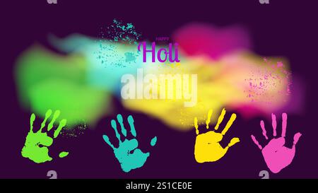 Holi festival happy India carnival of colors. Hand prints and colorful clouds. Banner Design Flyer postcards. Vector illustration... Stock Vector