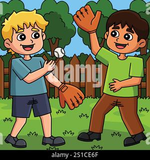 Baseball Kids Playing Catch Ball Colored Cartoon  Stock Vector