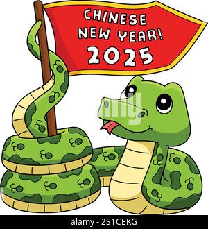Year of the Snake Holding a Flag Colored Cartoon Stock Vector Image ...